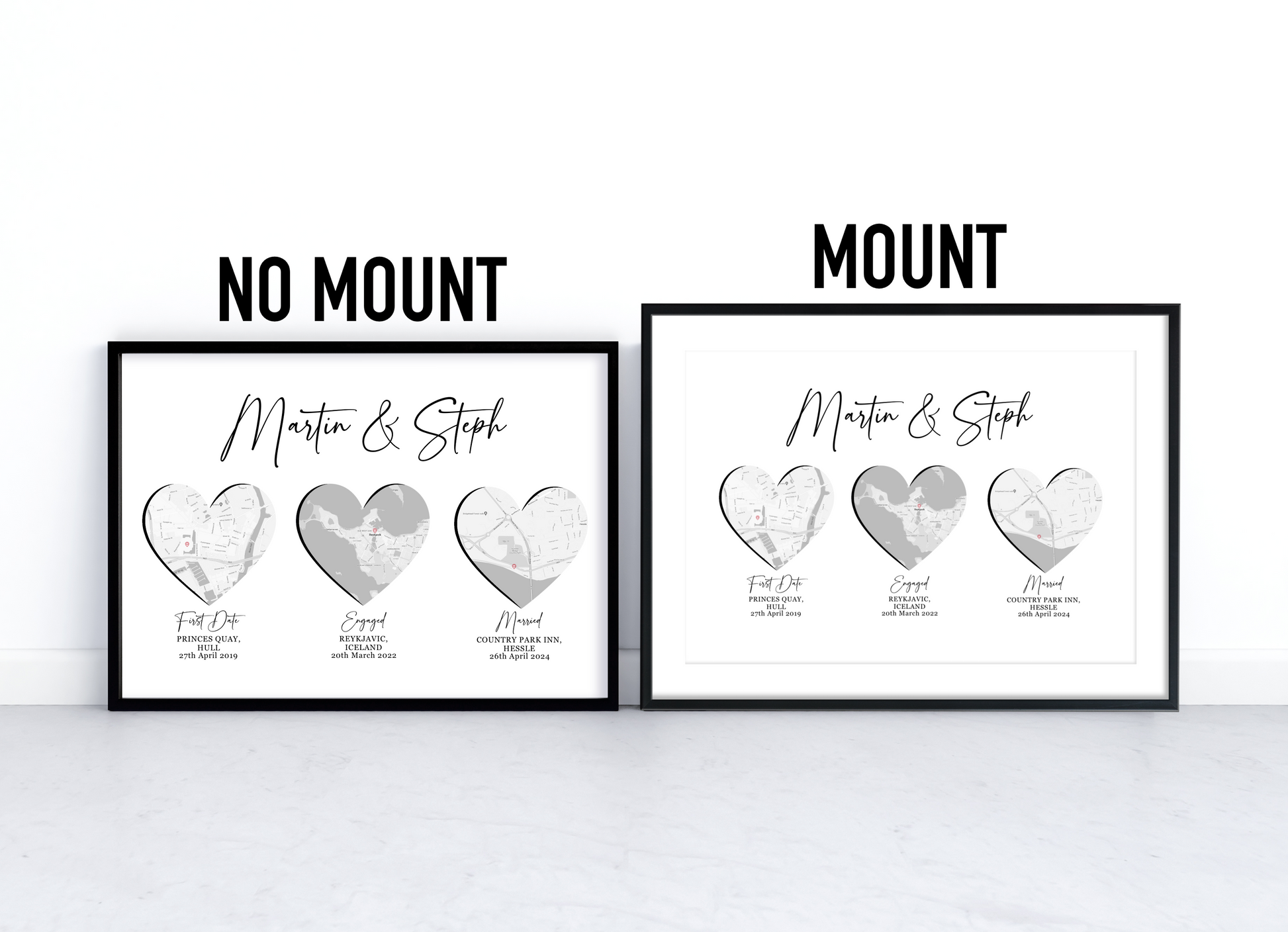 First date, engaged, married three map print