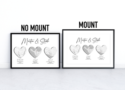 First date, engaged, married three map print