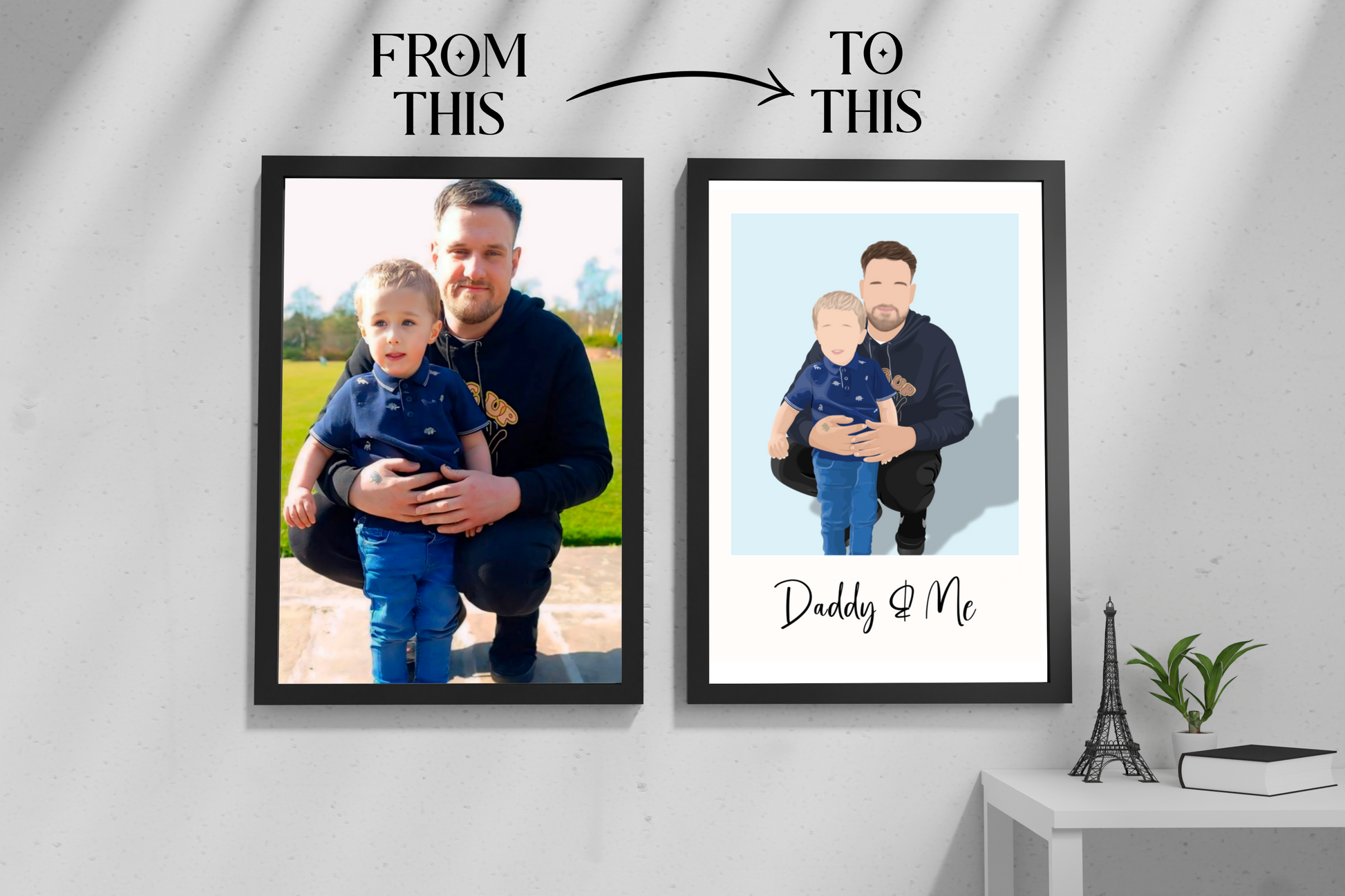 "Custom Daddy and Me Portrait: Cherished bond captured in a timeless artwork."