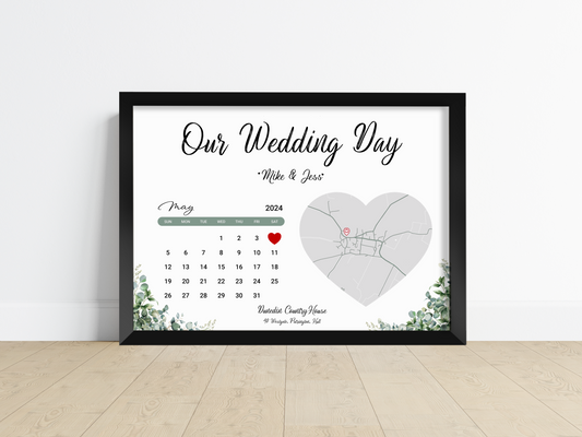  A personalised wedding or engagement print featuring the names of the couple, a calendar displaying the wedding date, and a map showcasing the location of the wedding.