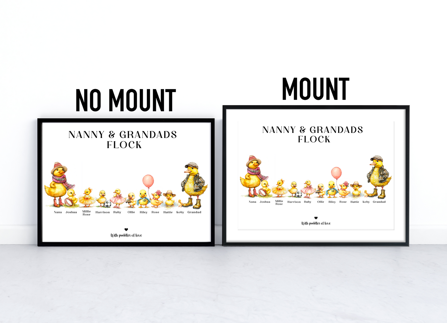 Sentimental gift for grandparents: Personalised family art showing grandchildren as adorable chicks, with a fully customisable title and individual traits.