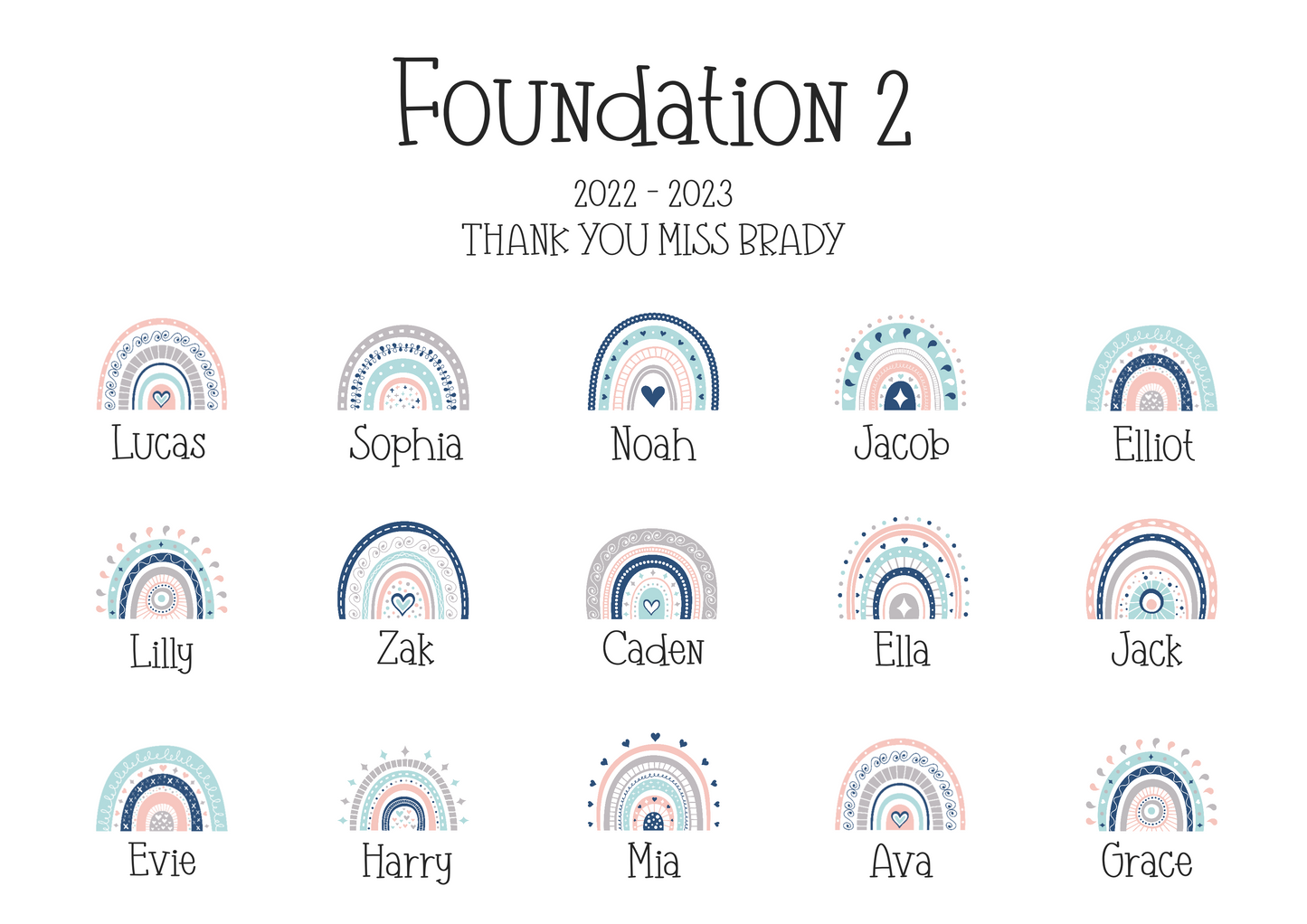 A personalised custom teacher print featuring rainbows representing each pupil, with customised names of the teacher and students, the perfect thank you gift for teachers.