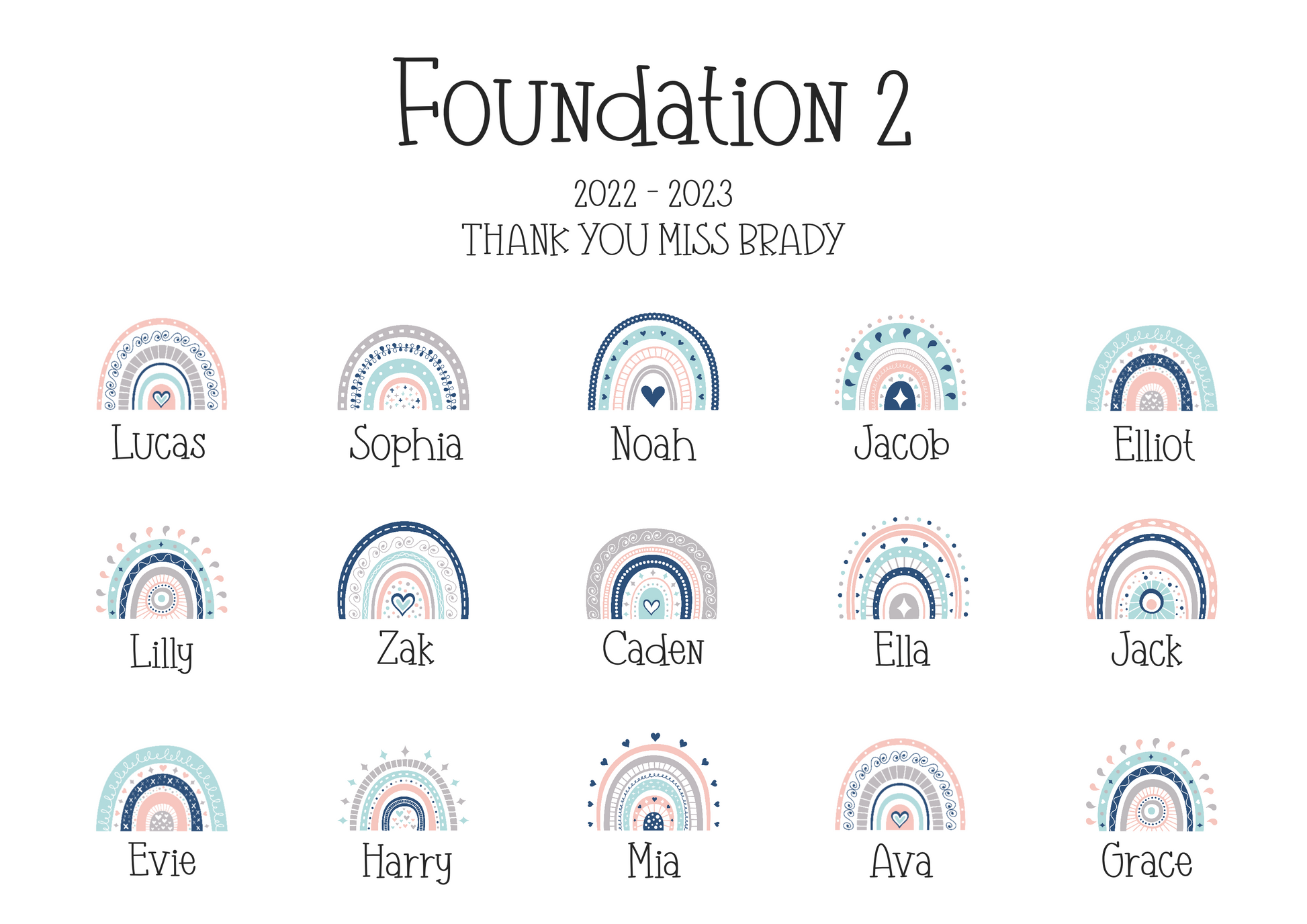 A personalised custom teacher print featuring rainbows representing each pupil, with customised names of the teacher and students, the perfect thank you gift for teachers.