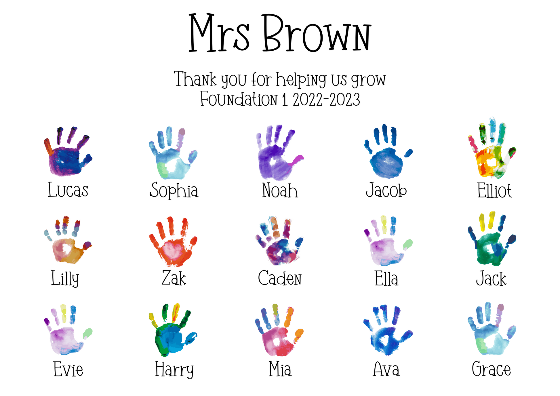A personalised custom teacher print featuring handprints representing each pupil, with customised names of the teacher and students, the perfect thank you gift for teachers.