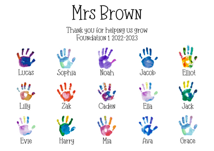 A personalised custom teacher print featuring handprints representing each pupil, with customised names of the teacher and students, the perfect thank you gift for teachers.