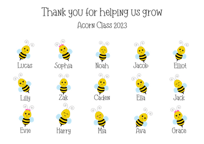 A personalised custom teacher print featuring bumblebees representing each pupil, with customised names of the teacher and students, the perfect thank you gift for teachers.